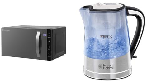 Russell Hobbs RHFM2363B 23 L 800 W Black Digital Flatbed Solo Freestanding Microwave & Brita Filter Purity 1.5L, Fast boil 3KW Electric Cordless Kettle for cleaner, clearer water