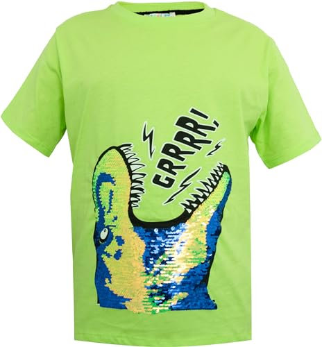 Generisch Trex Dino Kinder Jungen Jungs Wende Pailletten Lang T-Shirt Bluse Kurzarm Grün 122-128