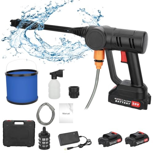 Car Washing Machine,180w 725PSI Cordless Car Washer Adjustable Nozzle 2 Batteries 1 Charger with Bucket Water Pipe Washing Metal High Pressure Jet Water Wash Cleaner Car Accessories (BLACK)