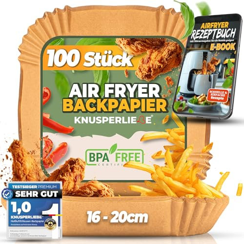 KNUSPERLIEBE® Backpapier für Heißluftfritteuse 16-20,5 cm, 2-4,4L, 100 Stück Airfryer Papier Liners Antihaft Einwegpapier für Ninja Double Stack SL300, SL400, Philips Cosori Air fryer
