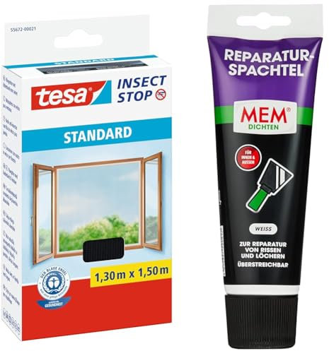 tesa Insect Stop Standard Fliegengitter für Fenster & MEM Reparatur-Spachtel, Für Risse und Löcher, Gebrauchsfertig