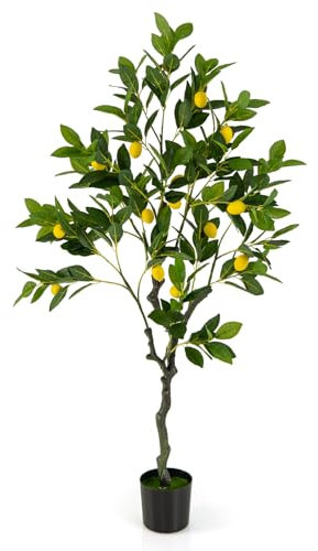 COSTWAY Künstlicher Zitronenbaum, Limonenbaum mit Topf & 18 Zitronen, Kunstpflanze mit Früchten, Zitruspflanze Topfpflanze Zimmerpflanze, Lemon Tree für Zuhause Büro Dekoration, grün+gelb (120cm)