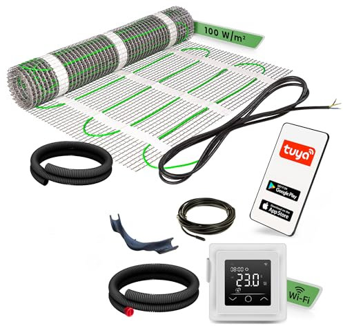EH Expert EcoPRO Heizmatten Set | 100 W/m² | 2 m² | Elektrische Fußbodenheizung - für Fliesen, Naturstein, Teppich, Vinyl und Laminat, inkl. Installationsmaterial, mit WLAN Touchthermostat (Weiß)