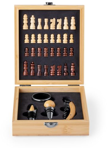 for Adventur Bambus Schach- und Weinset mit Weinzubehör | Korkenzieher, Ausgießer, Verschluss, Kapselschneider, Geschenkbox für Weinliebhaber & Schachfreunde