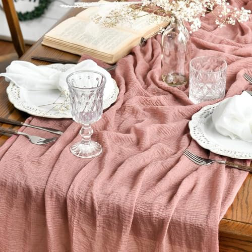 Artoid Mode Boho Käsetuch Gaze Pfirsich Hochzeit Tischläufer 80x300 cm, Waschbar Tisch Dekoration Party Geburtstag Valentinstag Babyparty Dekor
