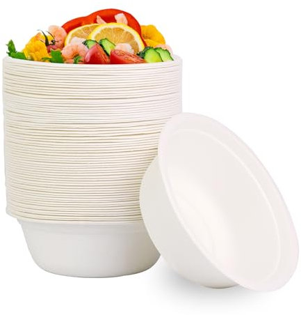 100Stück Weiße Einweg Suppenschalen, 500ML Kompostierbare Partyschalen Bagasse Langlebige Isolierung und haltbare Suppenschalen geeignet für Kalte Speisen Grillpicknick im Freien Familienessen