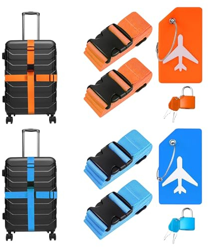 Sangles de bagage avec cadenas pour valises et étiquettes de bagage | Lot de 4 sangles de valise, 2 cadenas avec clés pour sécuriser vos articles et 2 étiquettes de voyage pour bagages pour une