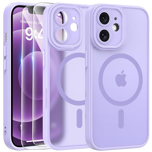 FLLAO Cover Magnetica per iPhone 12 Custodia e 2 Pellicole in Vetro Temperato, Cover iPhone 12 Compatibile con Magsafe, Traslucida Opaca Posteriore Sottile Antiurto Protettiva Case, Viola
