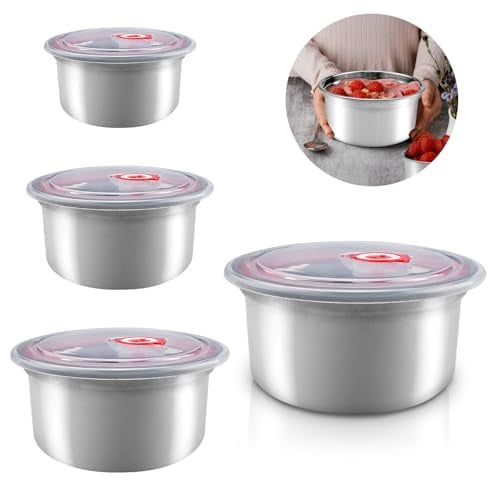 burkfeeg 4Pcs Stainless Steel Food Containers, 300ml/ 600ml/ 1000ml/ 1800ml | Leak-Proof Metal Food Storage Containers with Lids, Snack Containers for Restaurant Kitchen Freezer Buffet, Stackable
