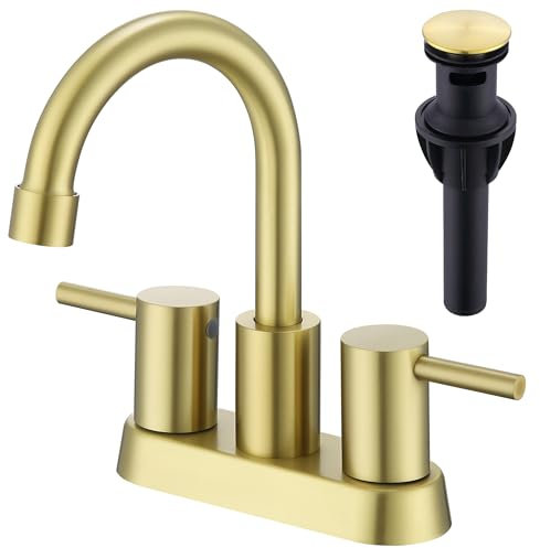 AmirLans Robinet de salle de bain doré brossé à 2 trous, 2 poignées de 10,2 cm en acier inoxydable avec bonde de vidange pop-up et lignes d'alimentation, robinet de salle de bain doré pour évier à 2