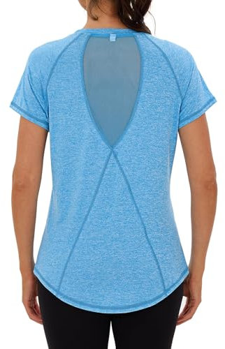 Terecey Funktionsshirt Damen Kurzarm Sportshirt Laufen Schnell trocknend Rundhals Yoga Sport Oberteil Atmungsaktiv Locker Sport T-Shirt Laufshirt mit Back Mesh Athletisch Kurzarmshirt, Himmelblau M