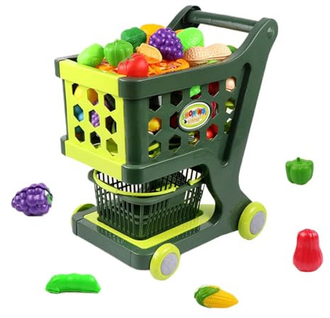 Grocery Shopping Cart Design Toy, Shopping Trolley Set, Kids Rollenspiel Grocery Cart Toy, Shopping Cart with Accessories 34,5 x 29,5 x 21 cm für Indoor, Outdoor, Mehrfarbig
