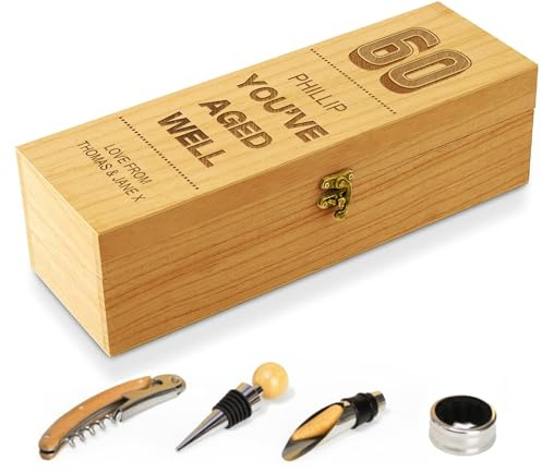 KreateSquare Engraved Wooden Wine Box with Tools, Personalised Vintage Design, Gift for 50th, 60th Birthdays Men & Women, Ideal for Wine, Champagne & Prosecco Bottles (Design 3)