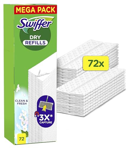 Swiffer Balai Attrape-Poussière Recharges Lingettes Sèches, 72 Unités, Parfum Febreze Longue Durée, Attrape 3 Fois Plus de Poussière et Poils d'Animaux, Balai Vendu Séparément