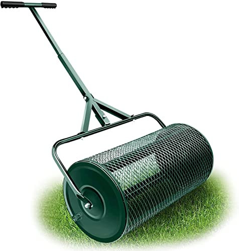Épandeur de compost, rouleau à gazon durable de 24,5 pouces, épandeur de fumier léger avec poignée en T améliorée, peut engrais, terre végétale, plantation, semis, paillis pour pelouse, jardin et co