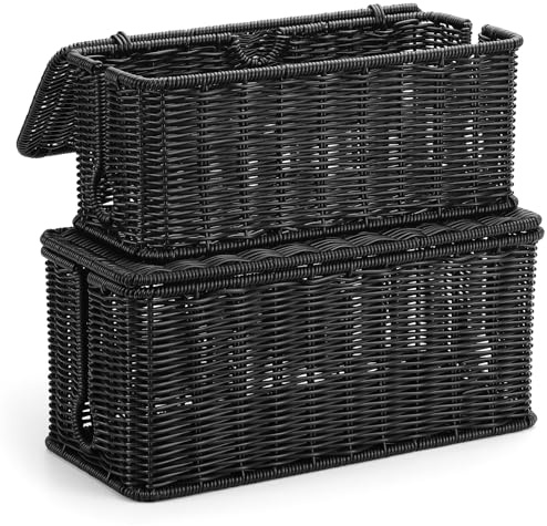 Paquete de 2 cajas grandes de gestión de cables, color negro, organizador de cables de ratán sintético tejido a mano, caja de gestión de cables de escritorio para ocultar cables y regletas de
