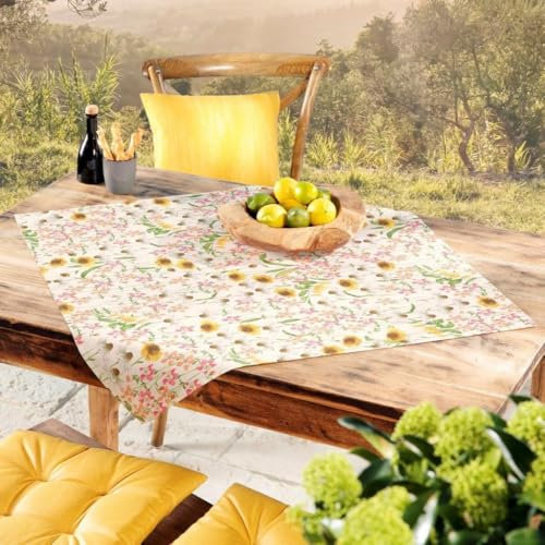 Tischdecke Stofftischdecke aus Mischgewebe mit Saumrand Eckig 80 x 80 cm Blumen Bunt Gartentischdecke Wasserabweisend