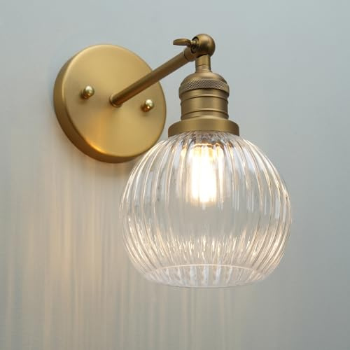Pathson Vintage Applique Murale Industriel E27 Luminaires Intérieur Abat-jour en Verre Rond Lampe Murale pour Salle de Bains Miroir de Toilette Cuisine Entrée (Laiton Antique)