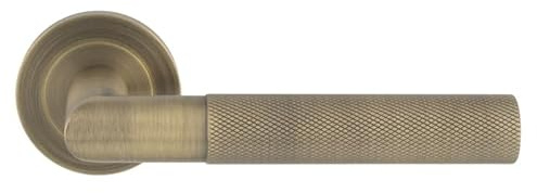 KOOPLES HARDWARE Crown Knurled Lever on Round Rose – Industrial Style Door Handle with Textured Grip (Antique Brass)