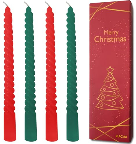 Topsics 4 Stück Spitzkerzen, Weihnachts Spiralkerzen 2 Rote und 2 Grüne, Spiralförmige Stabkerzen ohne Duft 25 cm, Stumpenkerzen für Weihnachtsdekoration