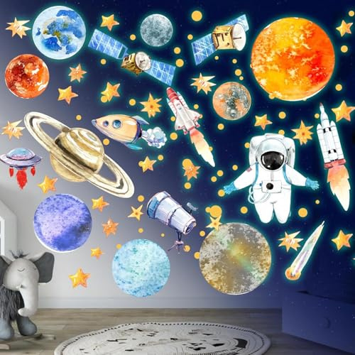 Wandsticker Leuchtaufkleber 9 Planeten Leuchtsterne Astronaut Planet Leuchtsticker Wandtattoo Leuchtend Sonnensystem Sterne Fluoreszierend Wandaufkleber für Kinderzimmer Dekorative Aufkleber Grün
