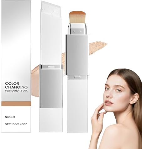 NHPY Color Changing Foundation Stick,Fond De Teint Stick 2 En 1 With Brush,White Color-Changing Cream,Full Coverage Concealer,Waterproof Long-Lasting Sweatproof Natural(Nature)