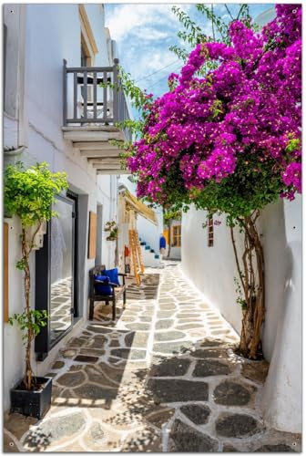 Wallario Outdoor-Poster für Garten oder Balkon Griechische Blütengasse, Motivbanner Größe: ca. 60 x 90 cm, Outdoor-Bild
