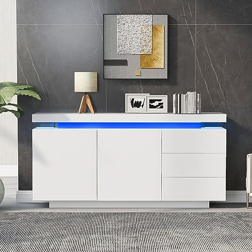BTM LED High Gloss Sideboard - 2 Doors 3 Drawers Storage Cabinet for Living & Dining Room, White