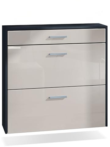 InnoFurn hängender Schuhschrank Roma Air Schmal mit 2 Klappen und 1 Schublade, Platzsparender Schuhkipper Flurschrank für Diele Flur Garderobe, Schwarz/Sandgrau Hochglanz (89 x 87 x 23 cm)