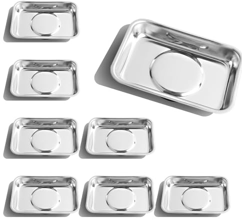 8 unidades de bandeja magnética de acero inoxidable: 93 × 65 mm, bandeja magnética rectangular para herramientas, juego con imanes recubiertos de goma, bandeja magnética para tornillos, tuerca, perno