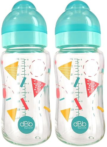 dBb Remond - Biberon Large Ouverture 240 ml en Verre - Tétine NN Anticolique en Silicone - Débit Adapté à la Succion du Bébé - Nouveau-Né - Décor Géométrique - Fabrication Française - Mint (Lot de 2)