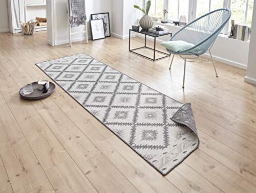 NORTHRUGS In- und Outdoor Teppich Malibu 80x250cm - Wendeteppich Wetterfest Modern Geometrisches Muster Läufer für Balkon Terrasse Garten Wintergarten Wohnzimmerteppich Wasserfest in Grau Creme
