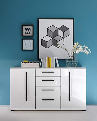 Newfurn Sideboard Kommode Modern Anrichte Highboard Mehrzweckschrank II 150x86x 42 cm (BxHxT) II [Luca.Five] in Weiß/Weiß Hochglanz Wohnzimmer Schlafzimmer Esszimmer