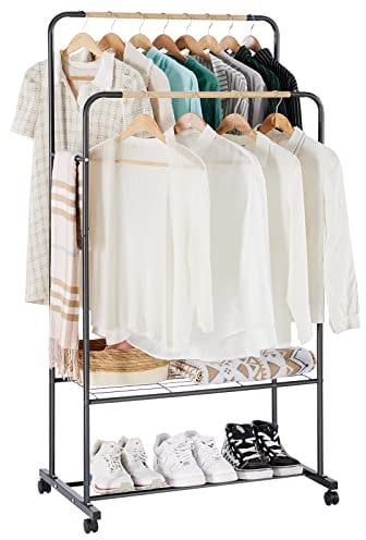 YOUDENOVA Clothes Rail on Wheels Clothes Rack Double Hanging Rails for Clothes Rails for Bedroom Heavy Duty Metal Stand Storage Shelf Black