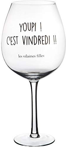 Les Vilaines Filles 38-VF-028 Verre à vin XL Carafe Verre à Pied géant 75cl Youpi C'est vindredi Transparent et noir Verre D12 x H25,5 cm