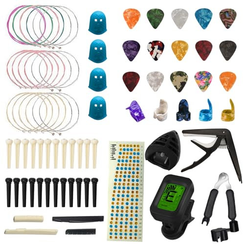 Guitar Accessory Kit, TTCR-II 75 Pieces with Guitar Capo, 15 Guitar Picks, 3 Set Acoustic Guitar Strings, Guitar Tuner, Thumb Pick, String Winder, Guitar Bridge etc