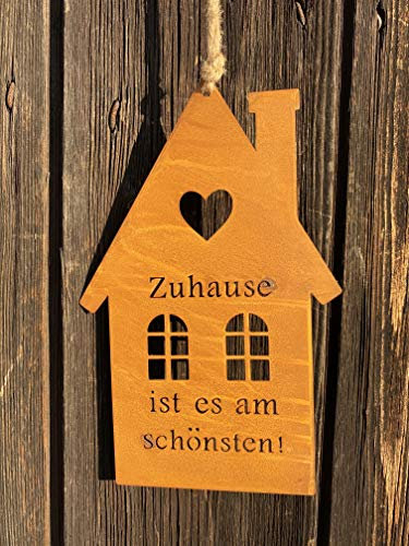 Rostoptik Haus mit Fenstern und Spruch zum Hängen 25 x 16 cm Gartendekoration (Metall, Zuhause ist es am schönsten)