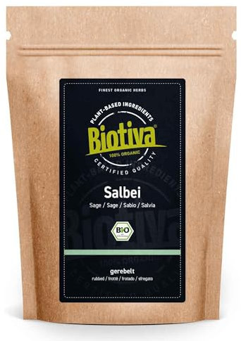 Salbei Tee Bio 100g - Echter Salbei - Arzneipflanze 2023 - Salvia officinalis - gerebelt - ohne Zusatzstoffe - abgefüllt in Deutschland - vegan - Biotiva