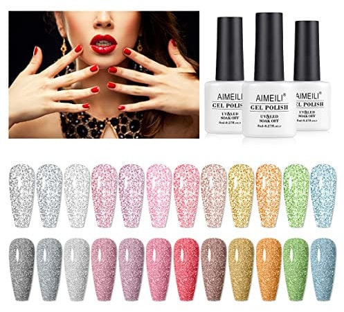 AIMEILI Glitzer Nagellack UV LED Gellack Farben Set 12 pcs 8ml Soak Off Funkeln Nägel Sparkle Gel Nagellack Kit 7