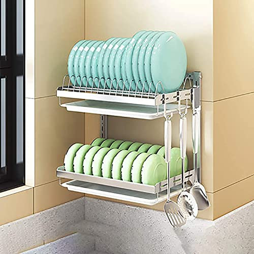 Escurridor de platos de 2 niveles montado en la pared, colgante de acero inoxidable 304 de gran capacidad, plato de cocina, taza, taza, secador de platos
