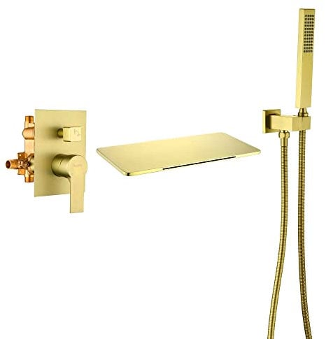 SHAMANDA Waterfall Bathtub Faucet with Sprayer, Wall Mount Tub Filler with Hand Shower, Single Handle Tub Faucet with Handheld Shower Head(Rough-In Valve Body and Trim Included), Brushed Gold, L902-3
