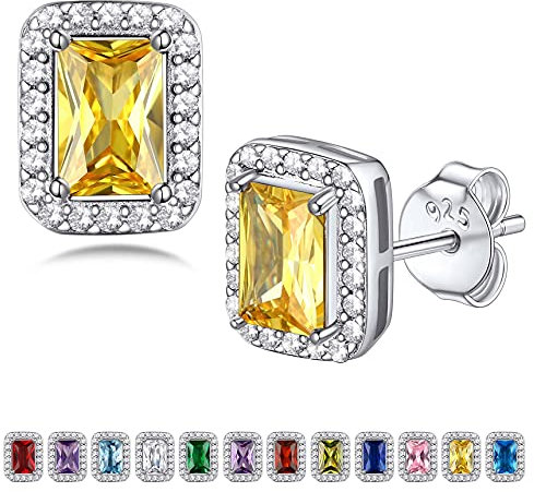 Bestyle Clous d'oreilles Femme S925 Argent 4 * 6mm Zirconium carré Boucles d'oreilles Pierre de Naissance Zirconium Blanc en Novembre Topaze Jaune