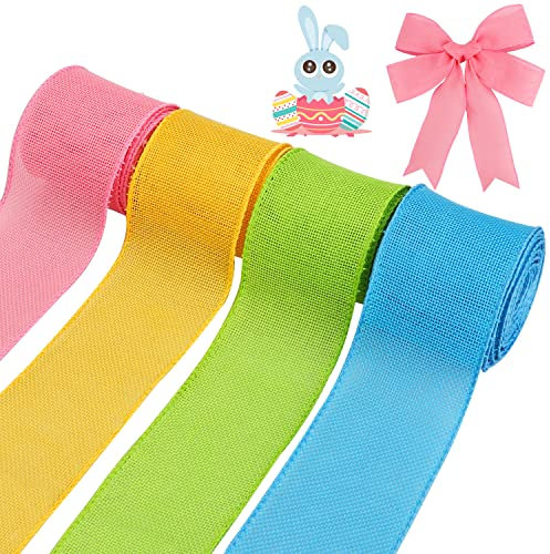KOOTAU 4 Rollen Oster-Drahtbänder, 6,3 cm x 22 m, einfarbig, rosa, gelb, blau, grün, Drahtrand, Frühlings-Sackleinen, dekorative Geschenkbänder für Heimwerker, Handwerk, Zuhause, Türkranz, Girlande