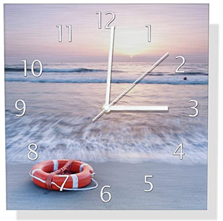 Wallario Design Wanduhr Rettungsring am Strand bei Sonnenuntergang aus Aluverbund, Alu-Uhr Größe 30 x 30 cm, weiße Zeiger mit Metalloptik