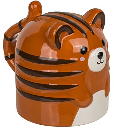 MIJOMA Upside-Down-Mug Kopfüber-Tasse – Lustiger Kaffeebecher aus Keramik – Umgedrehter Henkelbecher für Kaffee & Tee – 500 ml (Tiger)