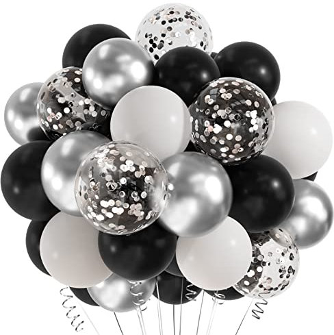 CHRORINE 50 Stück schwarze silberne Konfetti-Luftballons, 30,5 cm, Party-Luftballons, weiß, schwarz und silber, für Geburtstag, Hochzeit, Jahrestag, Party, Abschlussfeier, Dekoration