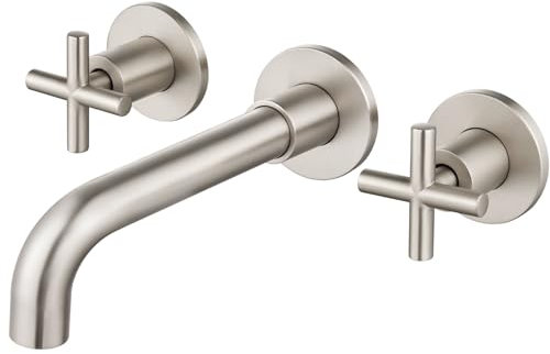 Airuida Gebürstetes Nickel, Wandhalterung, Badezimmer-Wasserhahn, massives Messing, weit verbreitet, Wandmontage, Waschbecken, Wasserhahn, Waschtisch-Waschbecken, Mischarmatur mit rauem Ventil