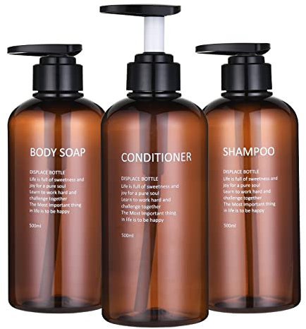BasedFloor Set di 3 flaconi dispenser per shampoo e balsamo, 500 ml, in plastica, vuoti, ricaricabili, per lozioni, bagno, doccia, bagnoschiuma (ambra)