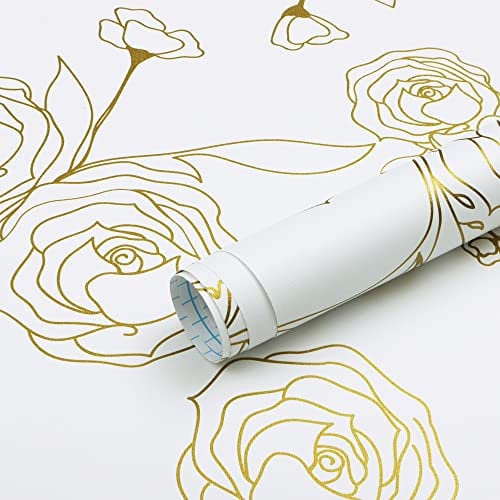 Safiyya 118x17.3 Peel and Stick Wallpaper Gold and White Contact Paper Floral Wallpaper Self Adhesive Removable Wallpaper for Bedroom Covering Vinyl Rolls