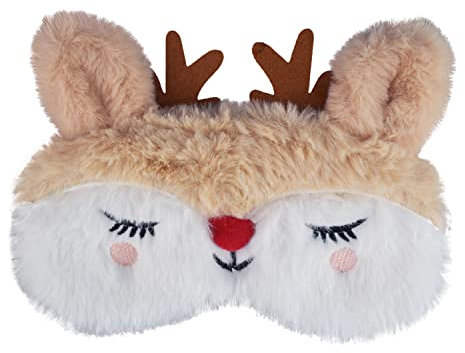 Ulife Mall Nette 3D Weihnachten Rentier Kinder Schlafmaske, Lustige Weiche Flauschige Cartoon Augenmaske Plüsch Rentier Seide Augenbinde für Mädchen Jungen Frauen Männer Party&Reisen - Beige & Weiß